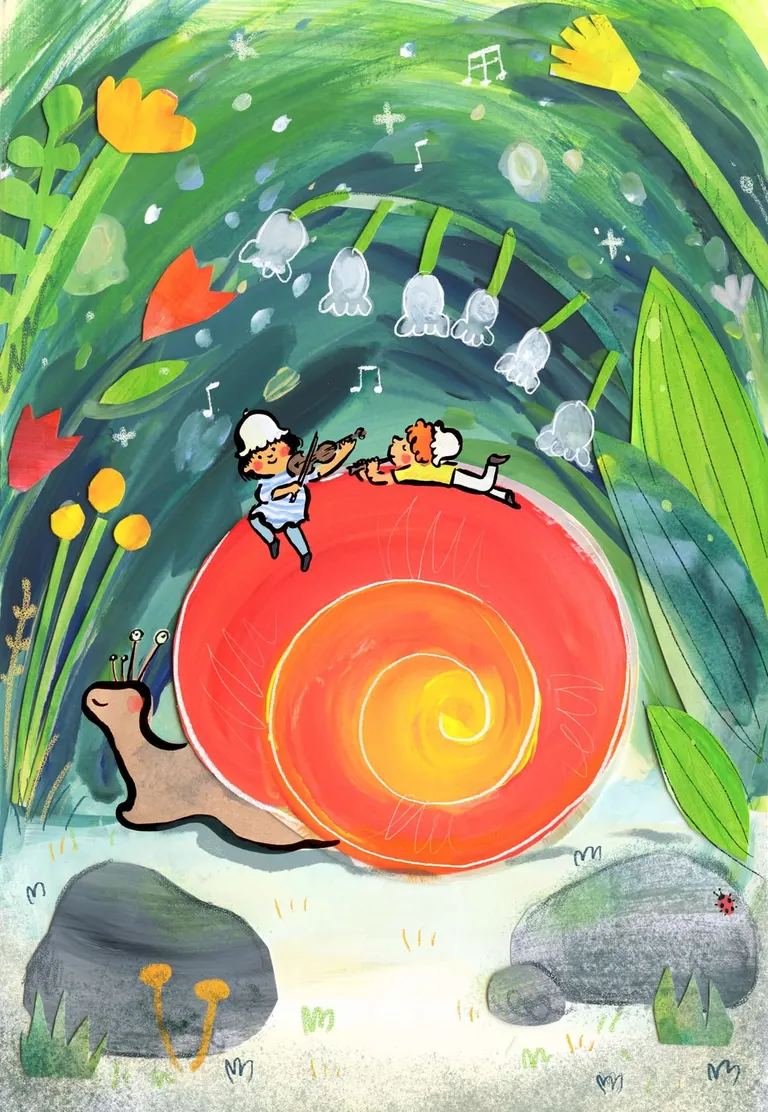 Two children playing violin and flute on a giant snail’s orange shell among green leaves and flowers