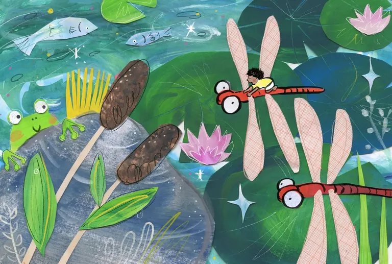 Child riding a red dragonfly over a pond with lily pads, pink water lilies, fish and a frog