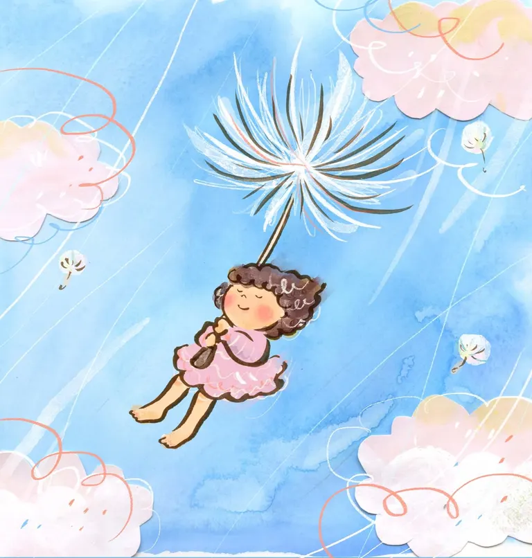 Child floating among pink clouds while holding a giant dandelion seed