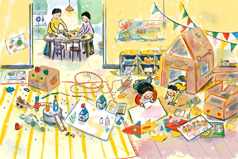 Risa drawing with her sister on the floor illustration by Risa Kusumoto