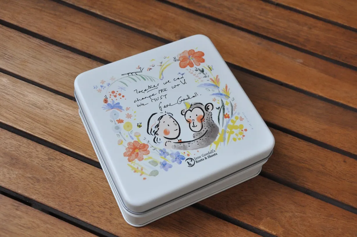 Illustrated cookie tin created for the Jane Goodall Institute Japan