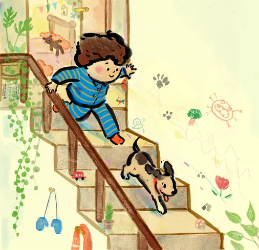 Moms birthday - rushing downstairs illustration by Risa Kusumoto